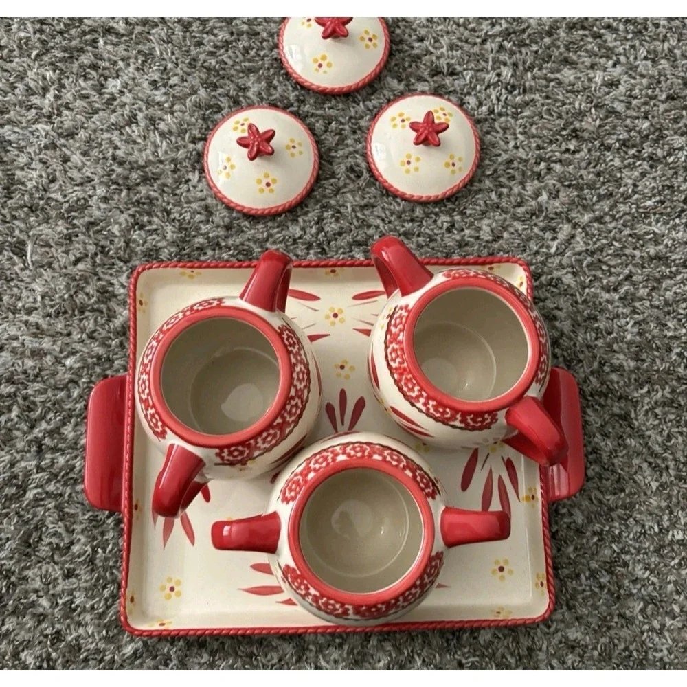 Temptations Old World‎ Red Hand Painted 4pc Soup + Sandwich Set Ceramic Dishes